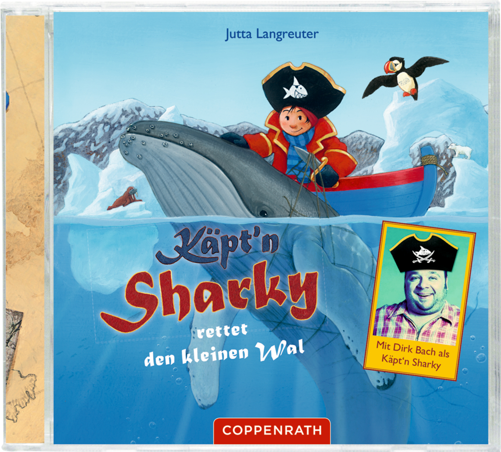 Piratenjunge reitet auf einem Wal, mit Eisberg, Pinguin und einem lächelnden Mann auf einem eingefügten Foto.