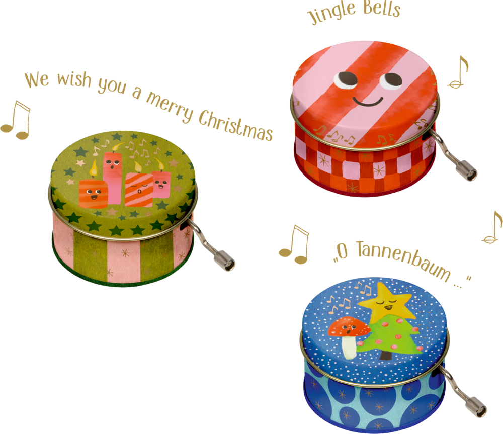 Drei runde Handkurbel-Spieluhren aus Metall mit Weihnachtsmotiven und Melodien zu „We wish you a merry Christmas“, „Jingle Bells“ und „O Tannenbaum“.