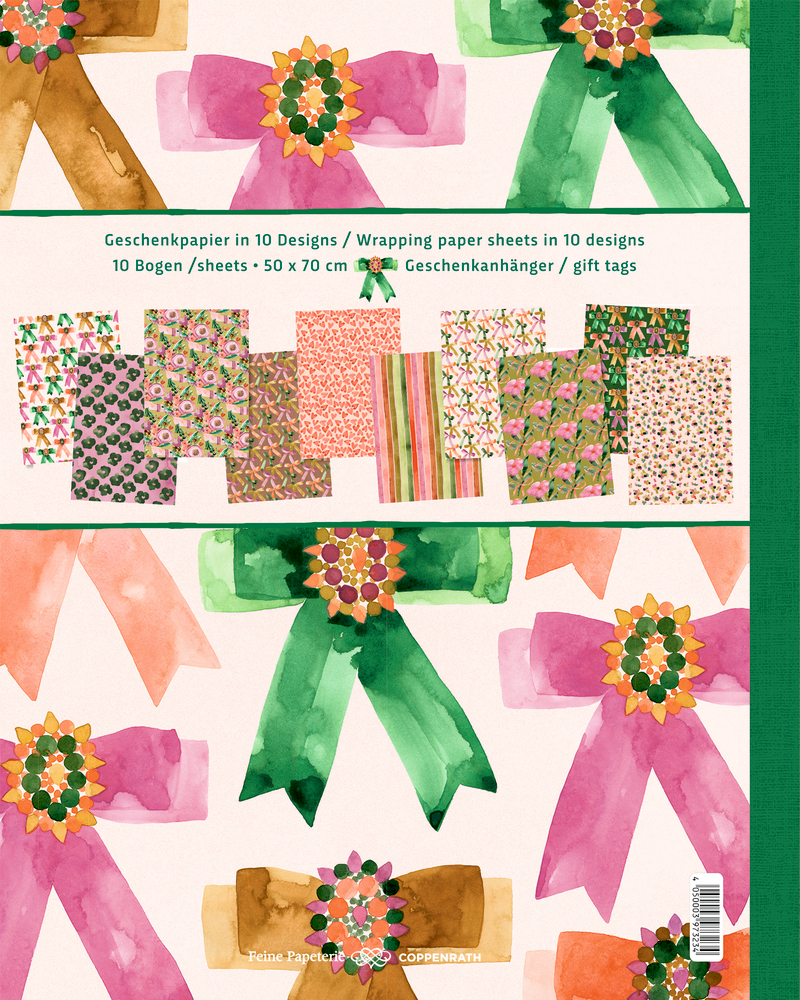 Set Geschenkpapier mit zehn bunten Designs in Blumen- und Schleifenmustern, teils gestreift oder gepunktet.