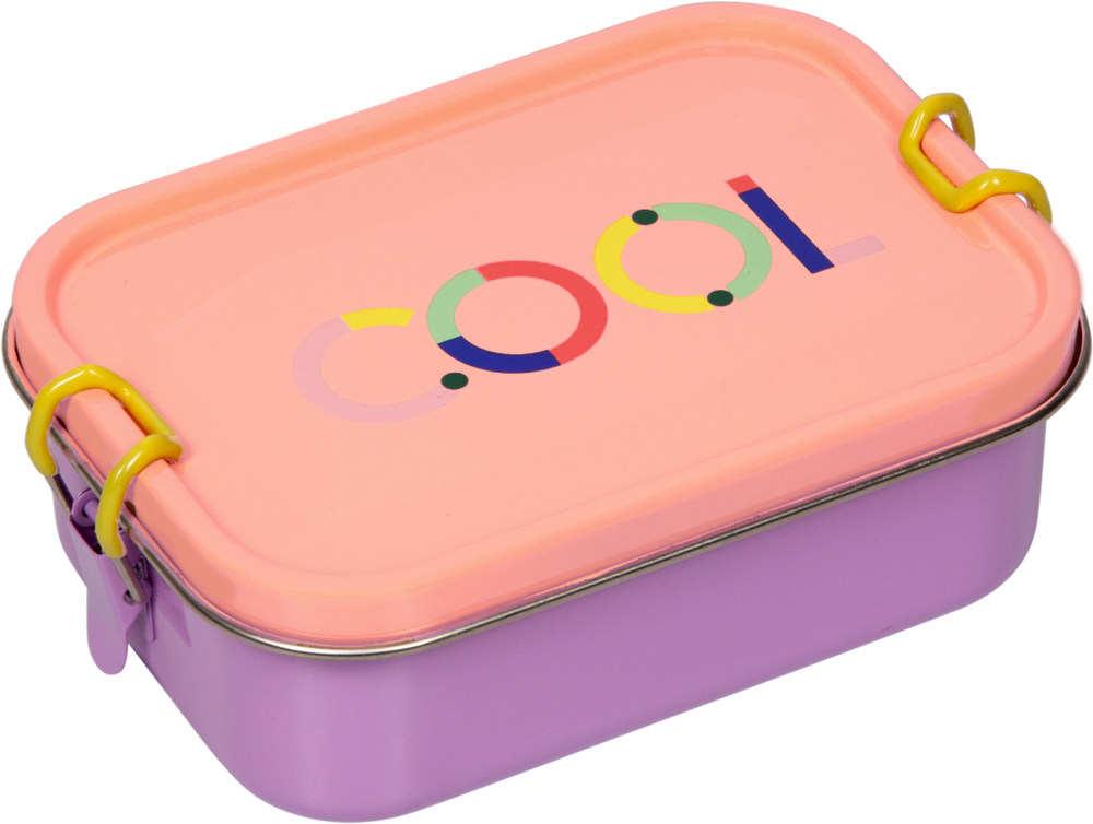 Rechteckige Lunchbox mit violettem Boden und rosa Deckel mit der Aufschrift „cool“ in bunten Buchstaben.