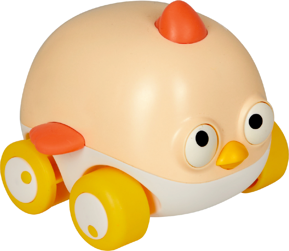 Cremefarbenes Spielzeugauto in Form eines stilisierten Huhns mit gelben Rädern und großen Cartoonaugen.