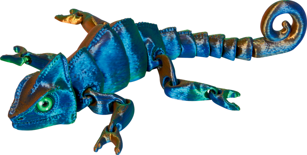 Blau-grün schimmernde Gelenkfigur in Form eines Chamäleons mit eingerolltem Schwanz.