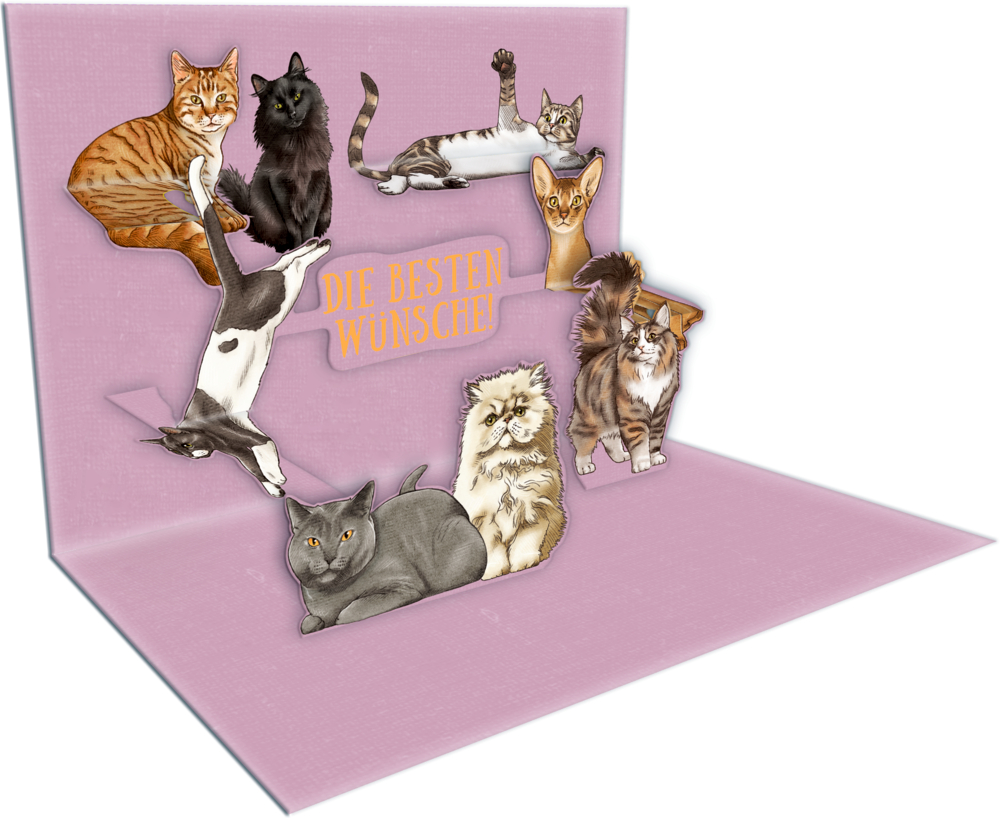 Aufklappkarte mit mehreren gezeichneten Katzen auf rosa Hintergrund und dem Text „Die besten Wünsche!“.