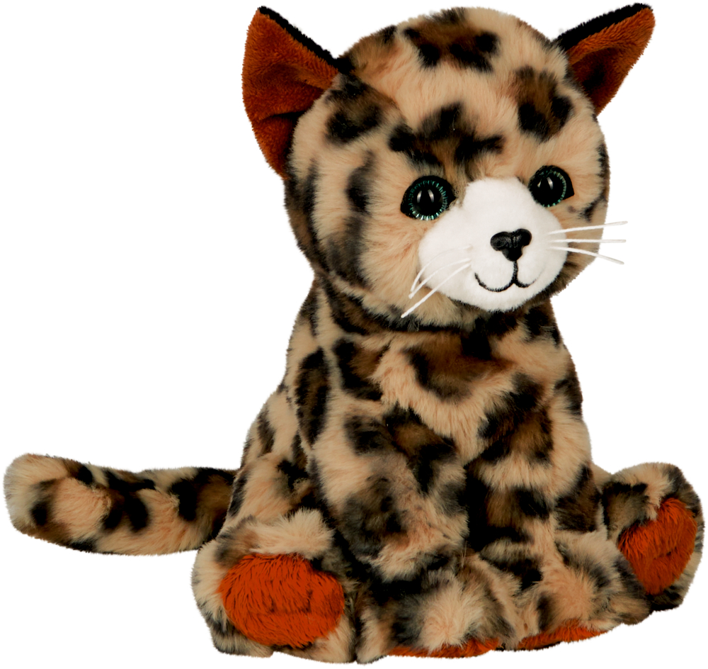 Niedliche Plüsch-Katze mit Leopardenmuster, grünen Augen und weißem Schnauzenbereich.