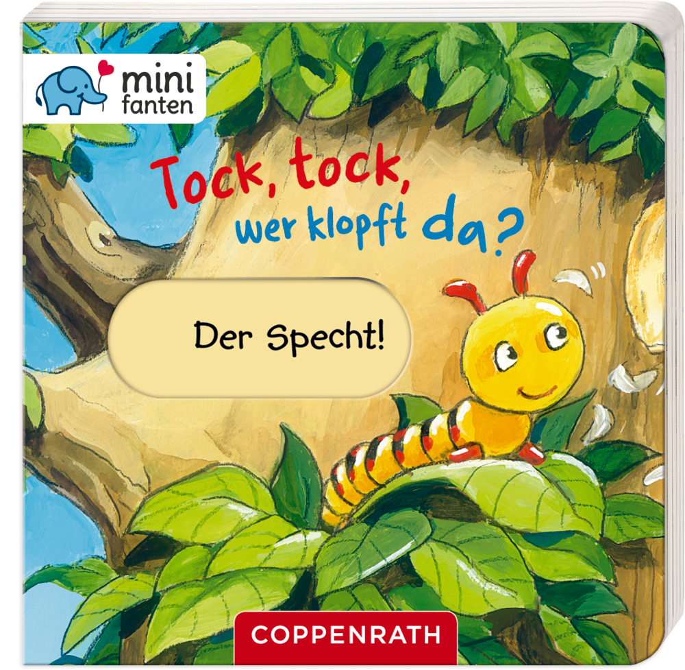 Kinderbuchcover mit einer lächelnden Raupe an einem Baum. Dazu Text.