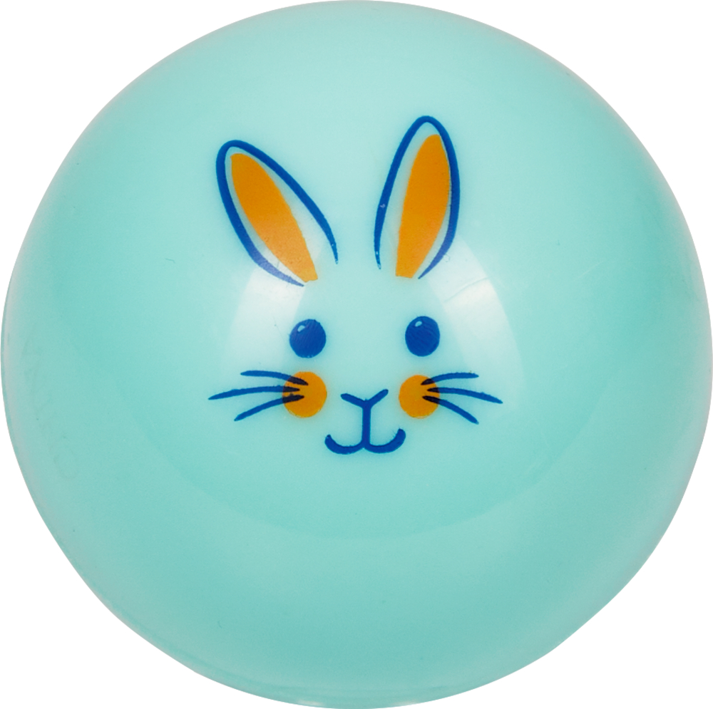 Hellblauer Ball mit einem einfachen Cartoon-Hasengesicht und Ohren auf der Oberfläche.