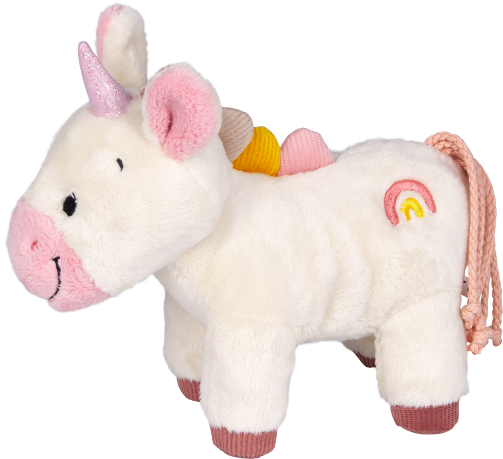 Weißes Plüscheinhorn mit rosa Horn, rosa Ohren, gelber und rosa Mähne sowie Regenbogenstickerei an der Seite.