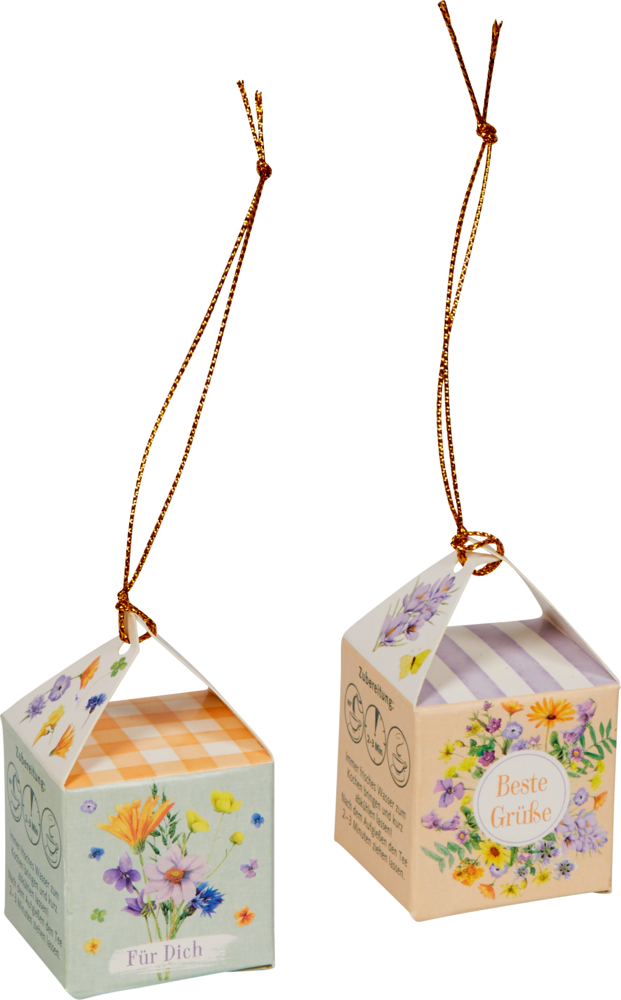 Zwei kleine florale Geschenkboxen mit goldenen Schnüren, deutschem Text und bunten Blumenmotiven.