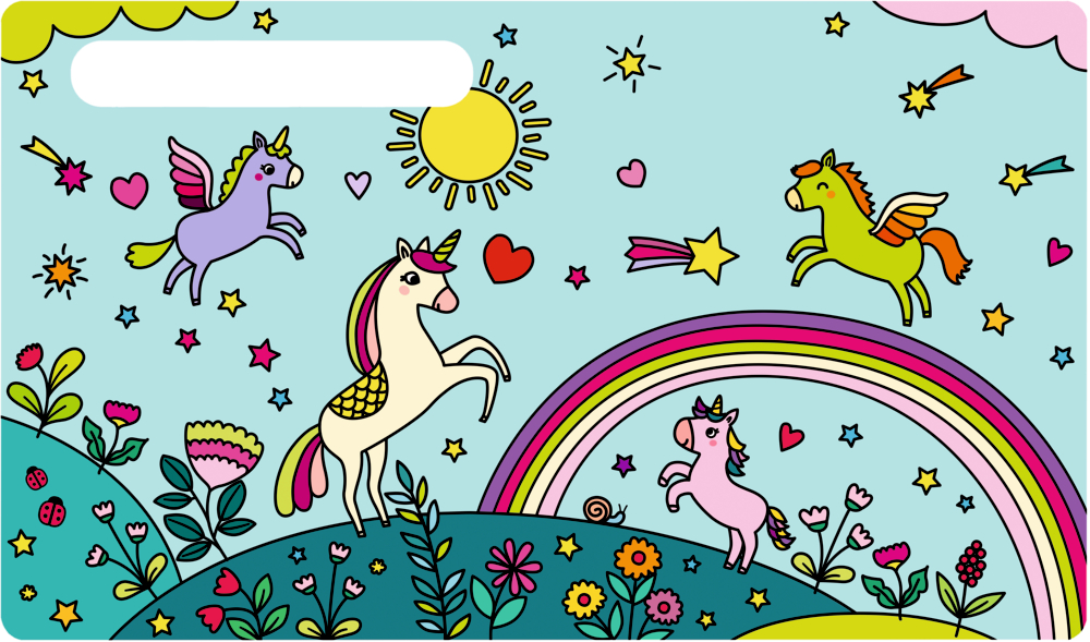 Mehrere bunte Einhörner stehen auf einer Blumenwiese. Herzen, Sterne und ein farbenfroher Regenbogen sind sichtbar.