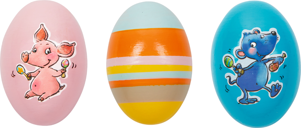 Drei bunte Eier: rosa mit lachendem Schweinchen, bunt mit Streifen und blau mit tanzender Maus, die Maracas hält.