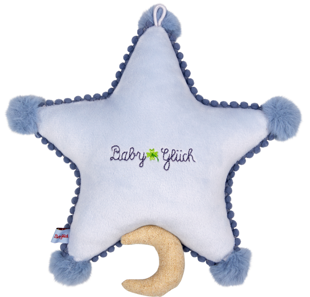 Hellblaues Stern-Kissen mit flauschigen Pompons, „Baby Glück“-Schriftzug und Mondsichel unten.