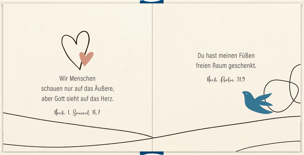 Zwei Bibelzitate auf einer beigen Seite mit Herz, Vogel und abstrakten Linien als Illustration.