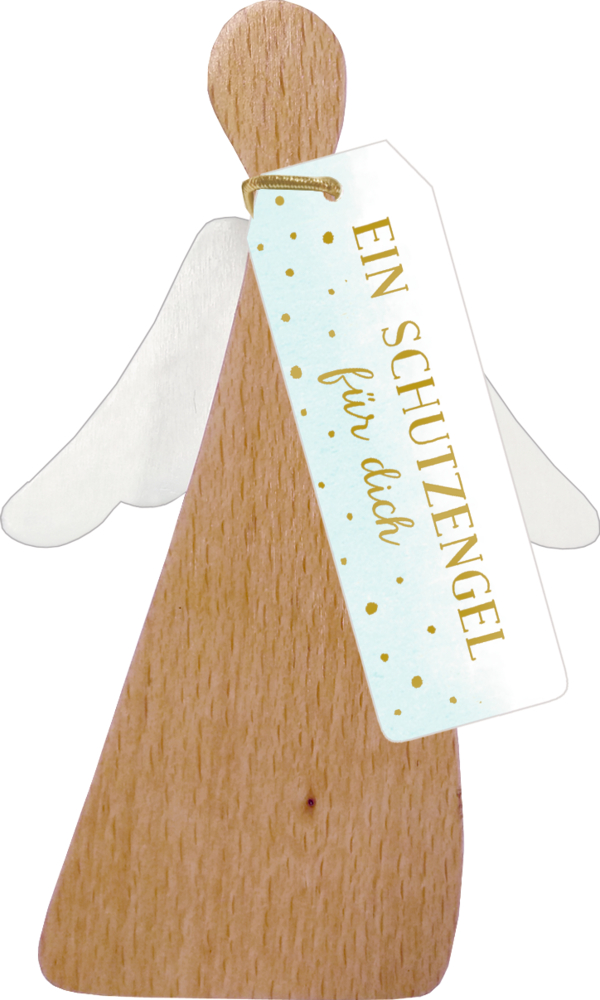 Engelsfigur aus Holz mit Hangtag und der Aufschrift „Ein Schutzengel für dich“.
