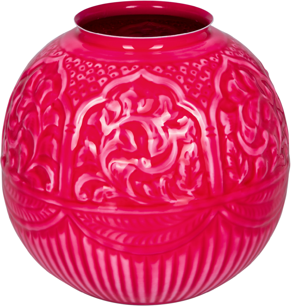 Runde pinkfarbene Vase aus Metall mit reliefartigem, ornamentalem Muster.