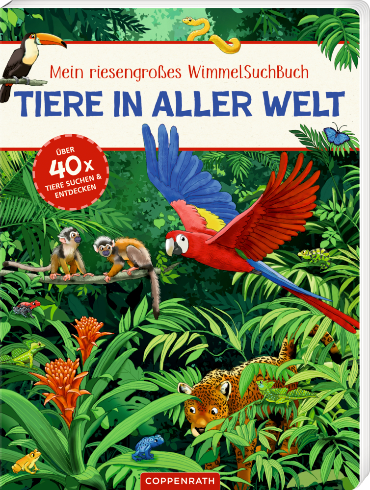 Buchcover mit Dschungelszene, Papagei im Flug, zwei Affe, Pflanzen und anderen Dschungeltieren.