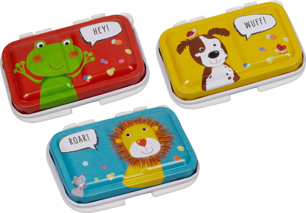 Drei bunte Dosen mit einem Frosch, einem Hund und einem Löwen.