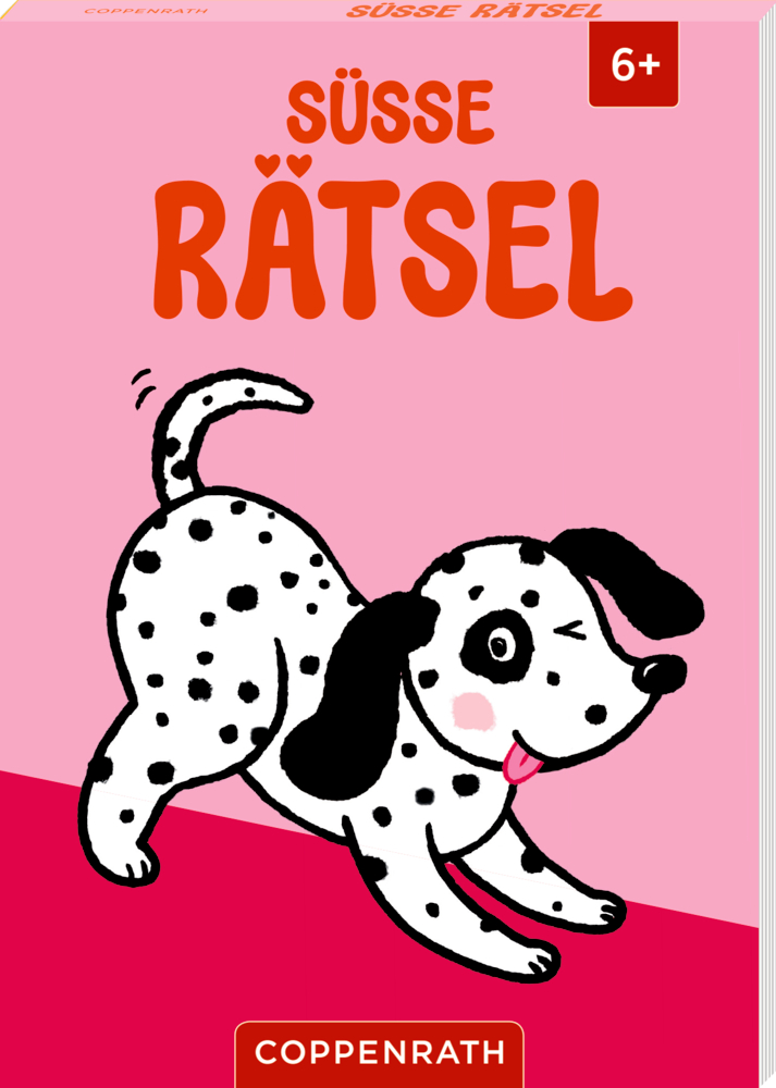 Rätselcover mit Dalmatinerwelpe mit heraushängender Zunge auf rosa Hintergrund.