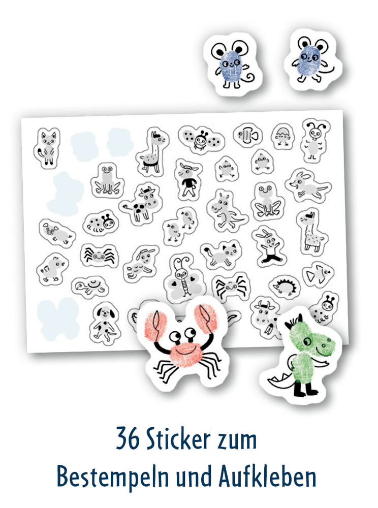 Bogen mit 36 Tieraufklebern (Krabbe, Maus, Dinosaurier usw.) mit deutschem Text darunter.
