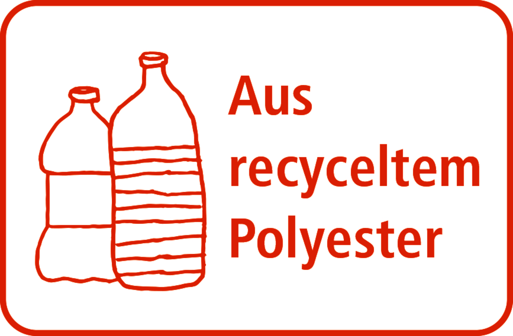 "Zwei Plastikflaschen mit der Aufschrift „Aus recyceltem Polyester“ in roter Umrandung."