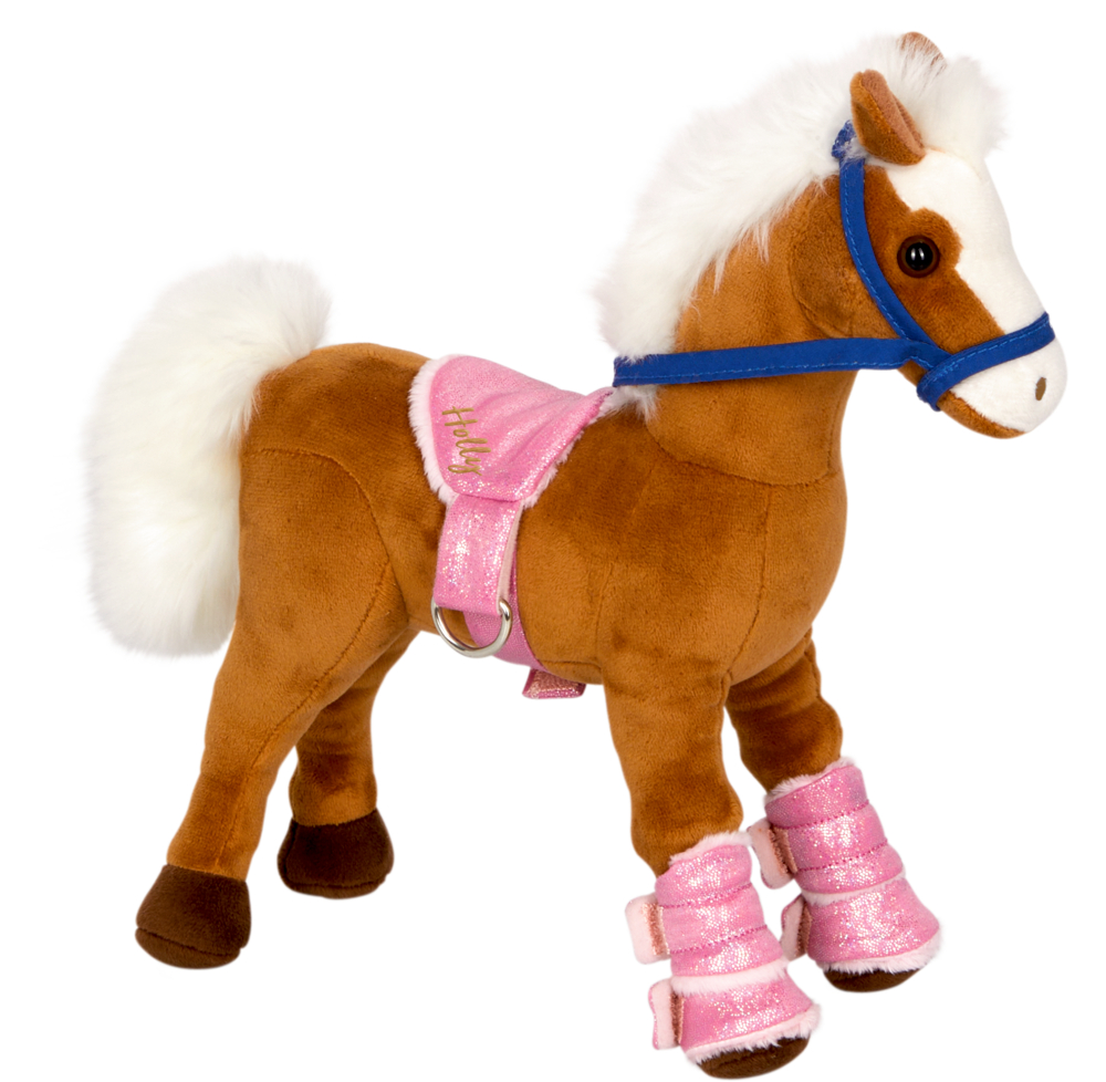 Braunes Plüschpferd mit weißer Mähne, blauem Halfter, rosa Sattel und rosa glitzernden Beinwickeln.