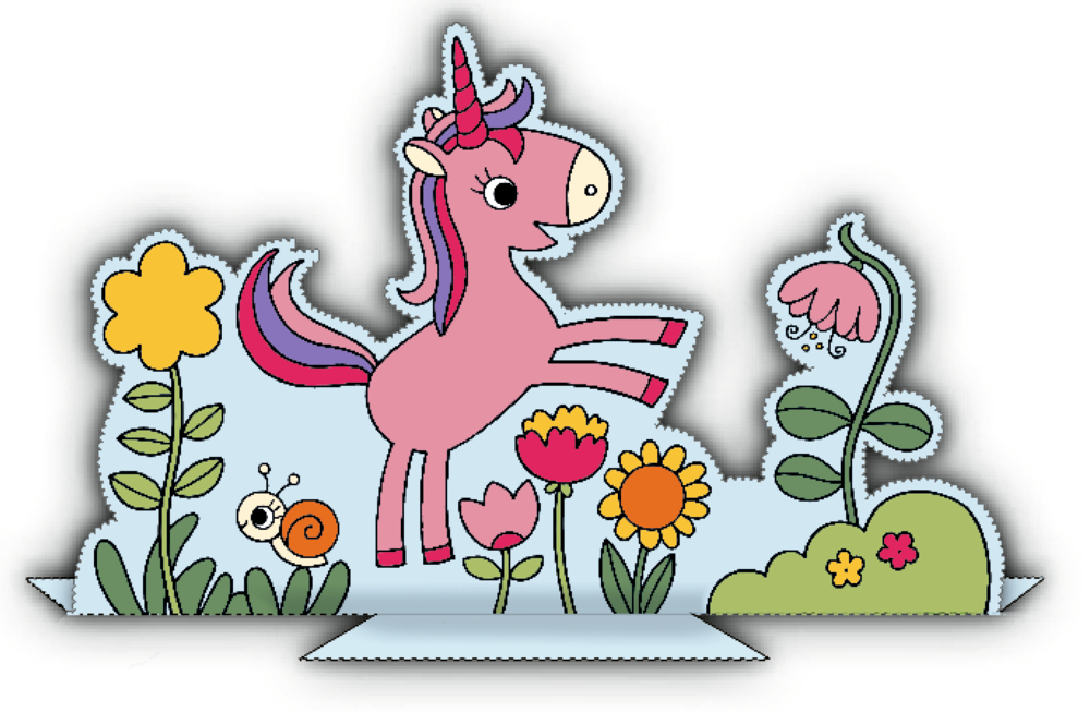 Rosafarbenes Einhorn mit lila Mähne springt zwischen bunten Blumen und einer kleinen orangefarbenen Schnecke.