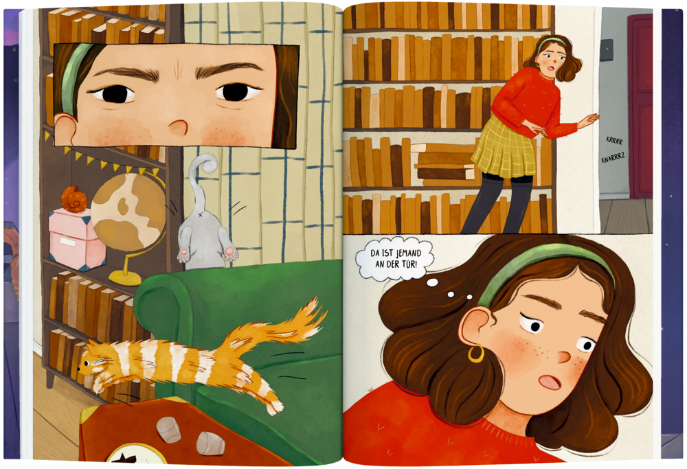 Ein Mädchen schlägt einen Jungen mit einer Pfanne, auf einer Doppelseite einer Graphicnovel.