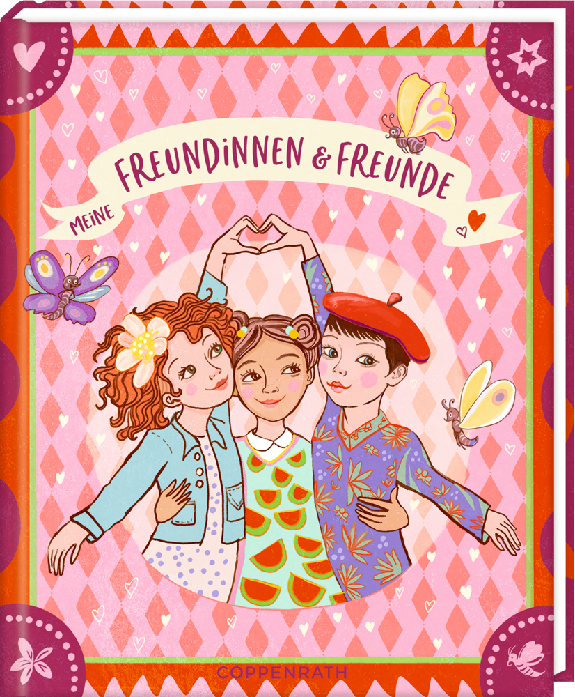 Buchcover mit Illustration von drei Kindern in bunter Kleidung, die sich umarmen, mit Schmetterlingen und dem Text „Meine Freundinnen & Freunde“.