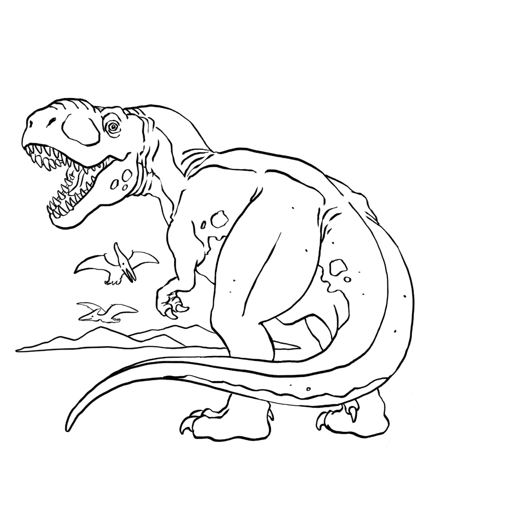 Strichzeichnung eines großen Dinosauriers mit offenem Maul, im Hintergrund fliegende Flugsaurier und Berge.