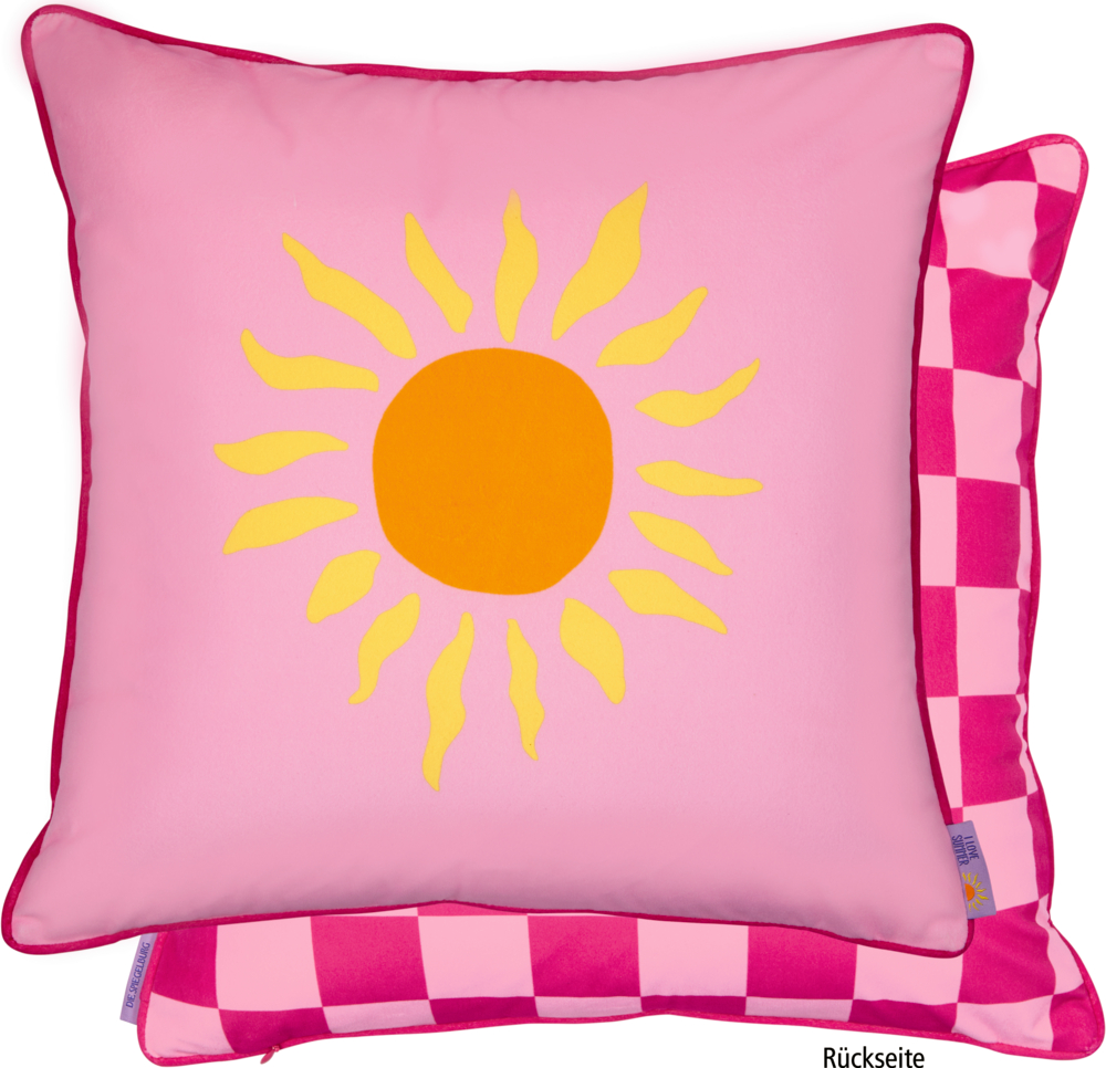 Zwei rosa Kissen: Auf dem einen ist eine gelbe Sonne abgebildet, auf dem anderen ein rosa und hellrosa Schachbrettmuster.