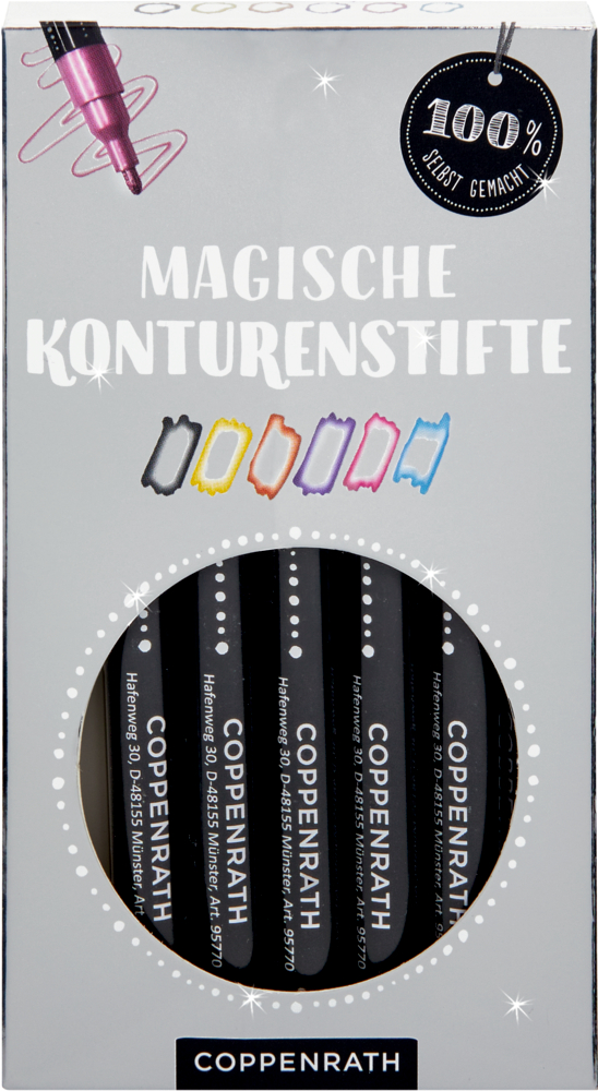 Coppenrath „Magische Konturenstifte“: Schachtel mit 6 Farben, Musterlinien abgebildet.