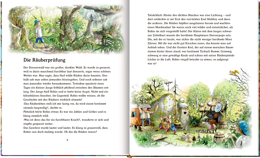 Eine Bilderbuchseite mit der Illustration eines Kindes, das einen Wald erkundet und ein Räuberlager entdeckt.