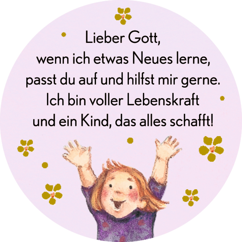 Ein Kind lächelt, hebt die Arme, es sind Blumen um das Kind und oberhalb steht ein Gebetstext.