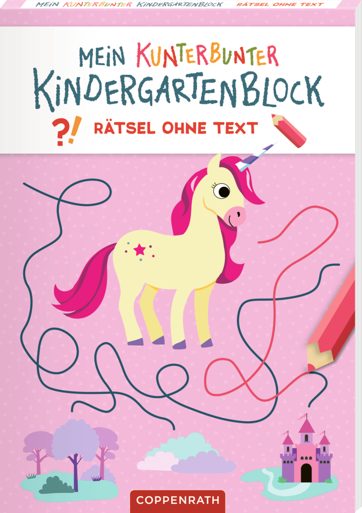 Ein Einhorn steht neben einem gewundenen Pfad, im Hintergrund sind ein rosa Schloss und Bäume zu sehen, auf dem Cover von einem Kindergarten Rätselblock.