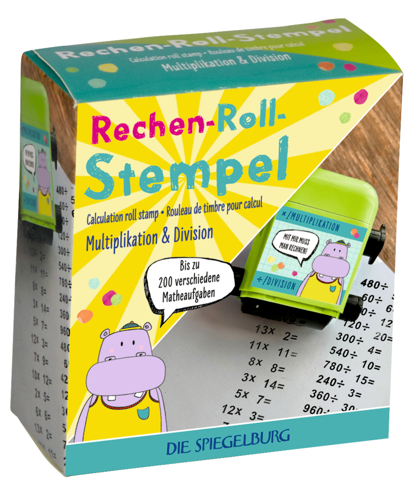 Box mit Rollstempel für Multiplikations- und Divisionsaufgaben, Cartoon-Flusspferd, bunte Schrift.