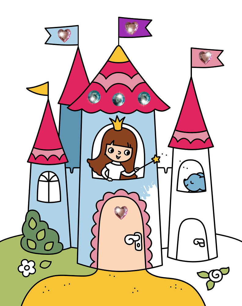 Zeichnung eines bunten Schlosses mit Prinzessin am Fenster, unvollständig ausgemalt.