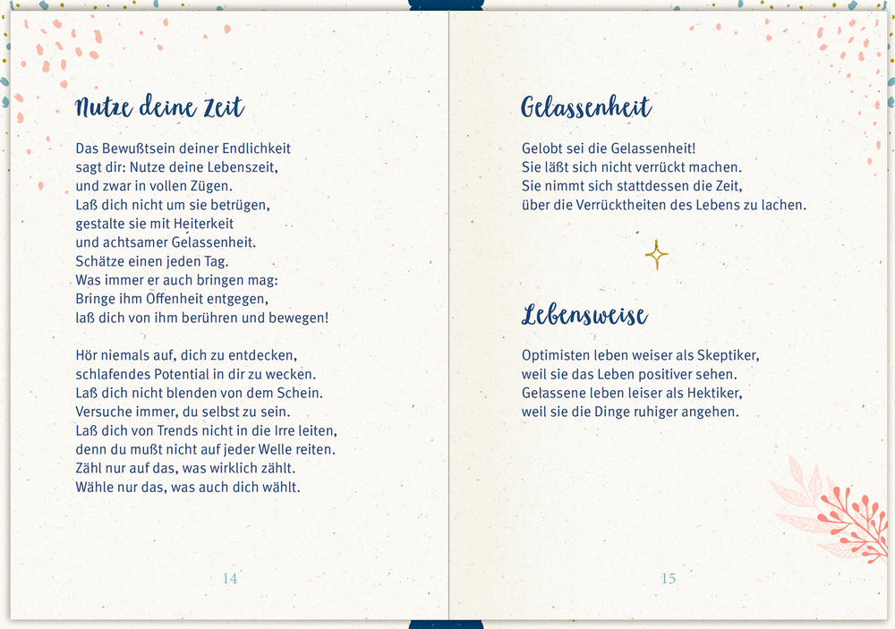 Gedichtseiten zum Thema Zeit, Gelassenheit und Optimismus, geschmückt mit Pastellmotiven.