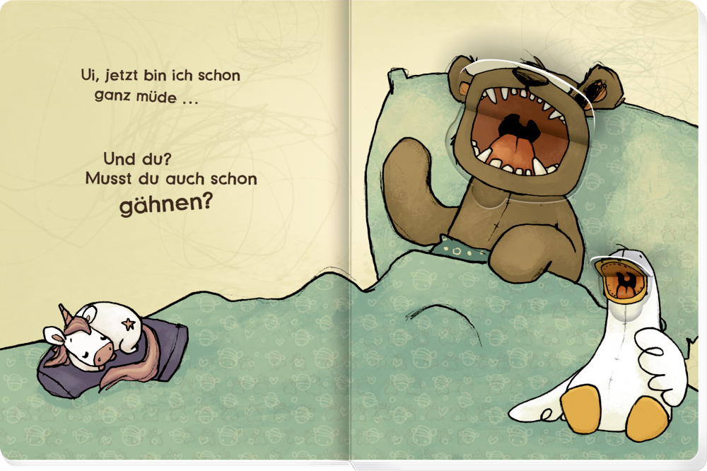 Ein Einhorn, ein Bär und eine Ente liegen müde im Bett unter einer grünen Decke.