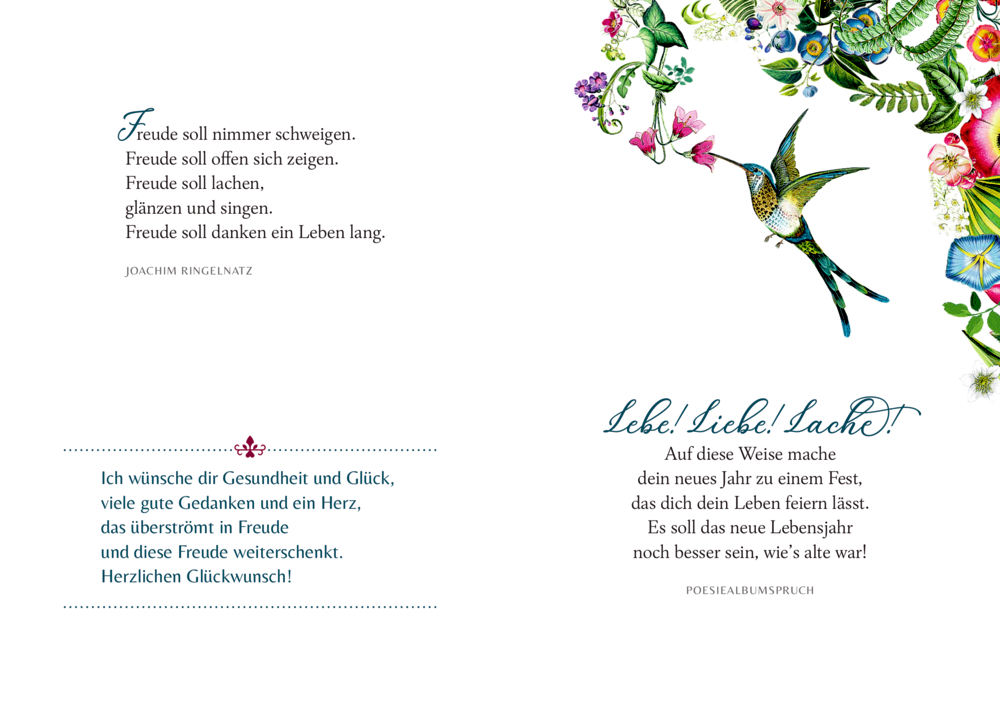 Gedichte mit Blumen und Vögeln, die Freude, Glück und herzliche Wünsche vermitteln, auf einer Doppelseite.