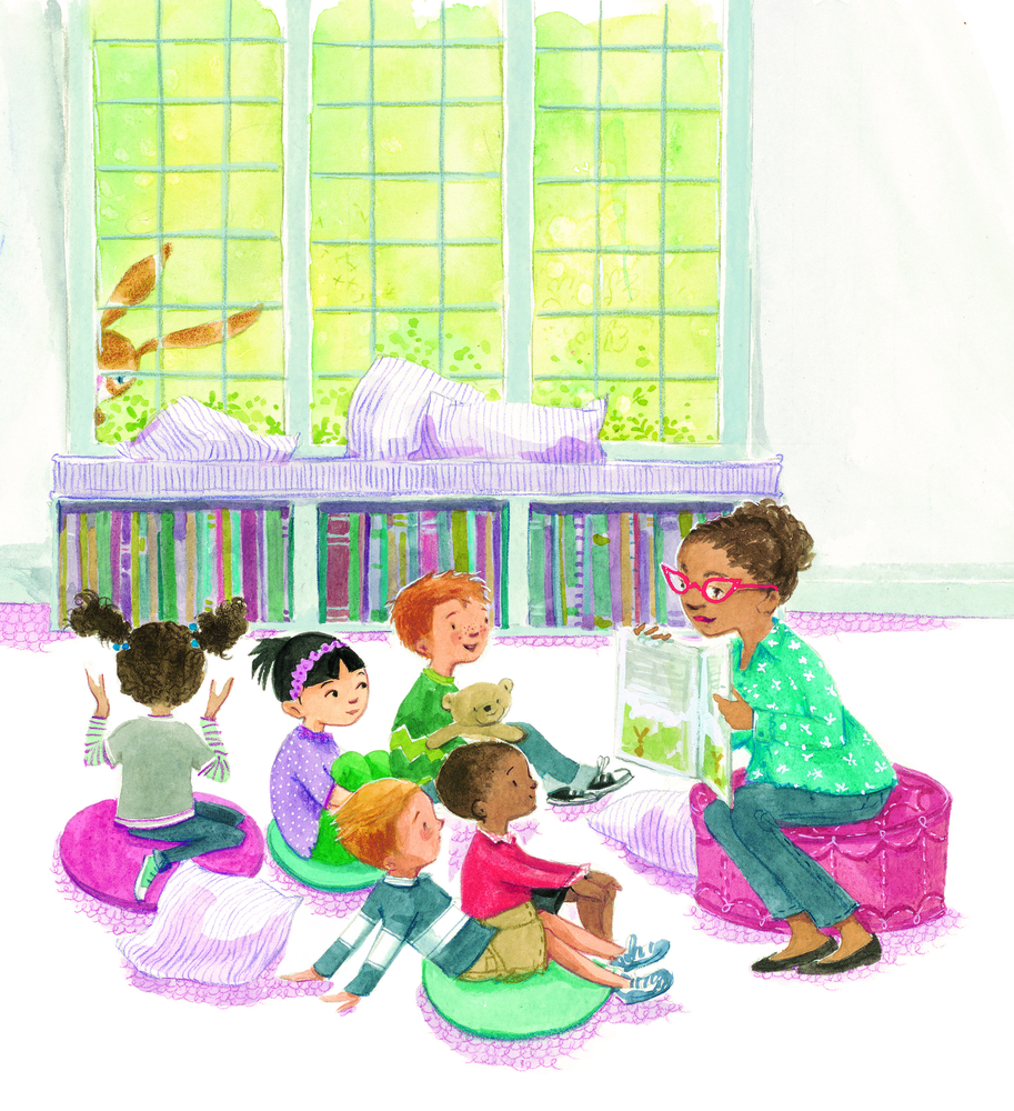 Eine Frau liest fünf Kindern, die auf Kissen am Fenster sitzen, ein Buch vor, während draußen ein Kaninchen ist.