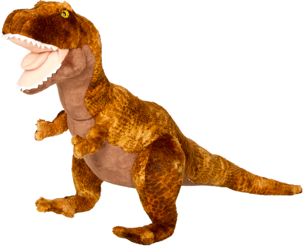 Braunes und hellbraunes Plüsch-Dinosaurierspielzeug T. Rex mit offenem Maul und weißen Zähnen, nach links gerichtet.