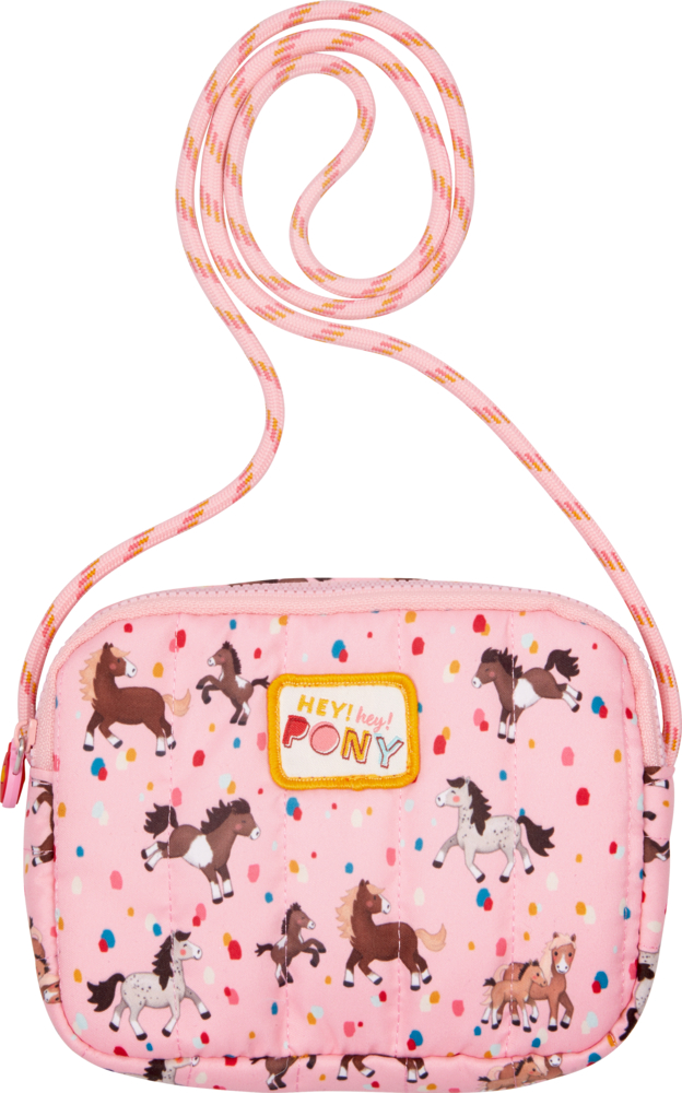 Rosa Umhängetasche mit Pferdeaufdruck und „Hey! hey! PONY“ auf einem gelben Aufnäher.
