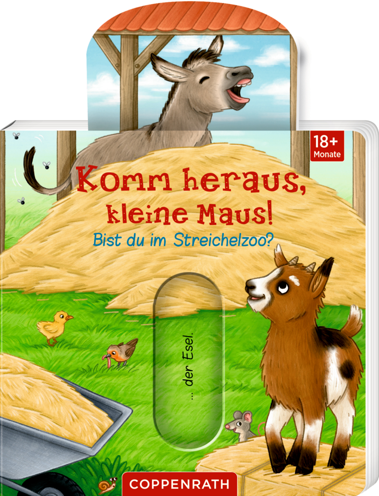 Eine Ziege, Küken und ein Esel stehen im Bauernhof vor Heuhaufen und einer Scheune. Text auf dem Cover.
