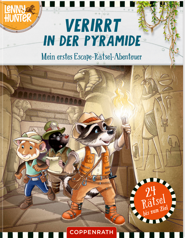 Drei Comic-Tiere in Entdeckerkleidung und mit einer Fackel betreten eine mit Statuen gefüllte alte ägyptische Pyramide aufd em Cover von "Verirrt in der Pyramide".
