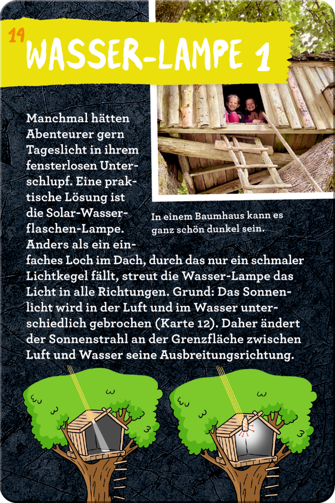 Karte mit Bild von Kindern die aus einem Baumhaus aus Holz schauen, daneben eine Anleitung, wie man eine Solar-Wasserflaschenlampe herstellt.
