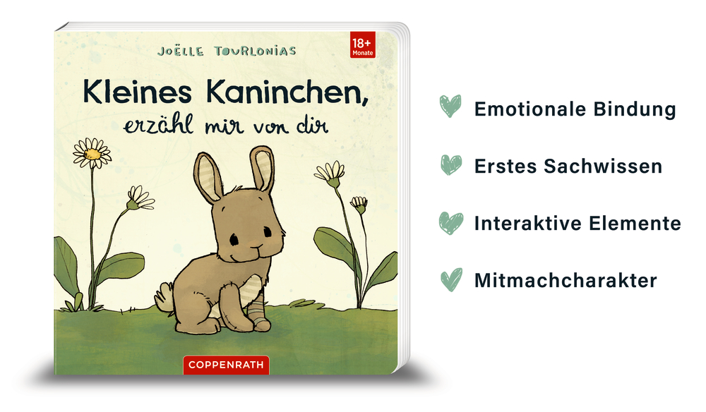 Niedliches braunes Kaninchen mit Blumen auf dem Cover, daneben  Text der emotionale und interaktive Aspekte des Buches betont.