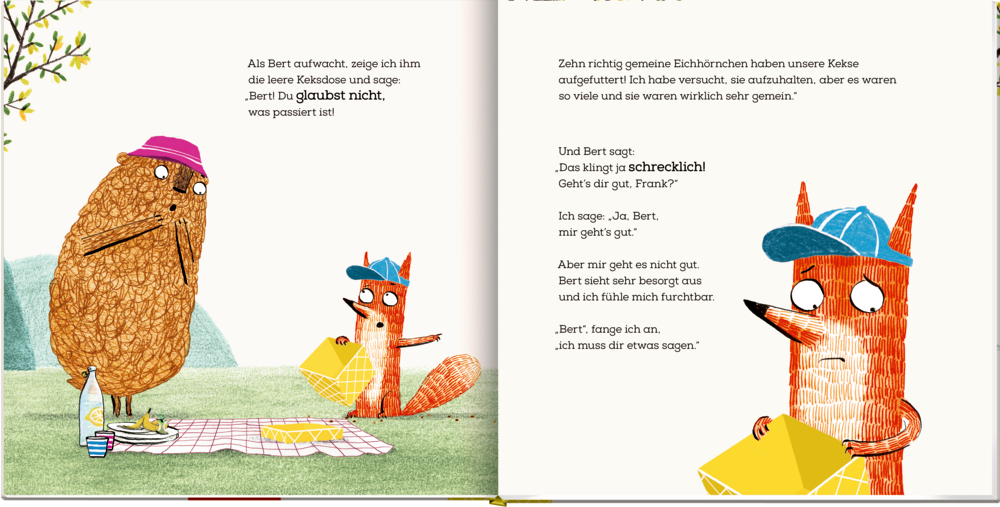 Ein Bär und ein besorgter Fuchs sitzen auf einer Picknickdecke, rechts der Fuchs hält eine leere gelbe Schachtel, auf einer Doppelseite mit Text.