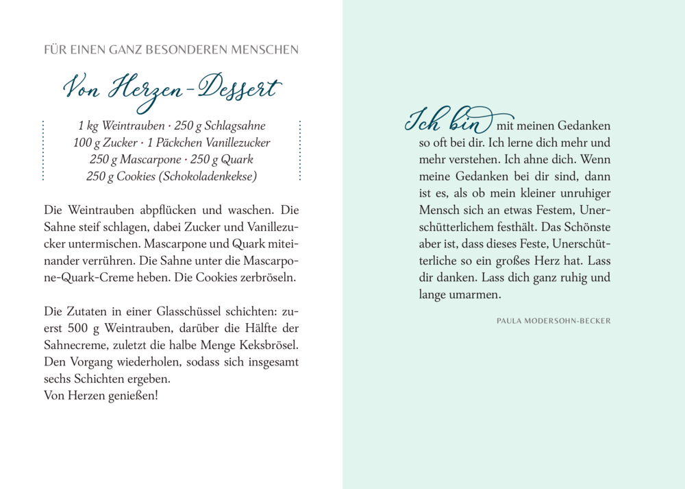 Dessert-Rezept und nachdenkliches Zitat auf sanft farbigen Seiten, beide stimmungsvoll präsentiert.