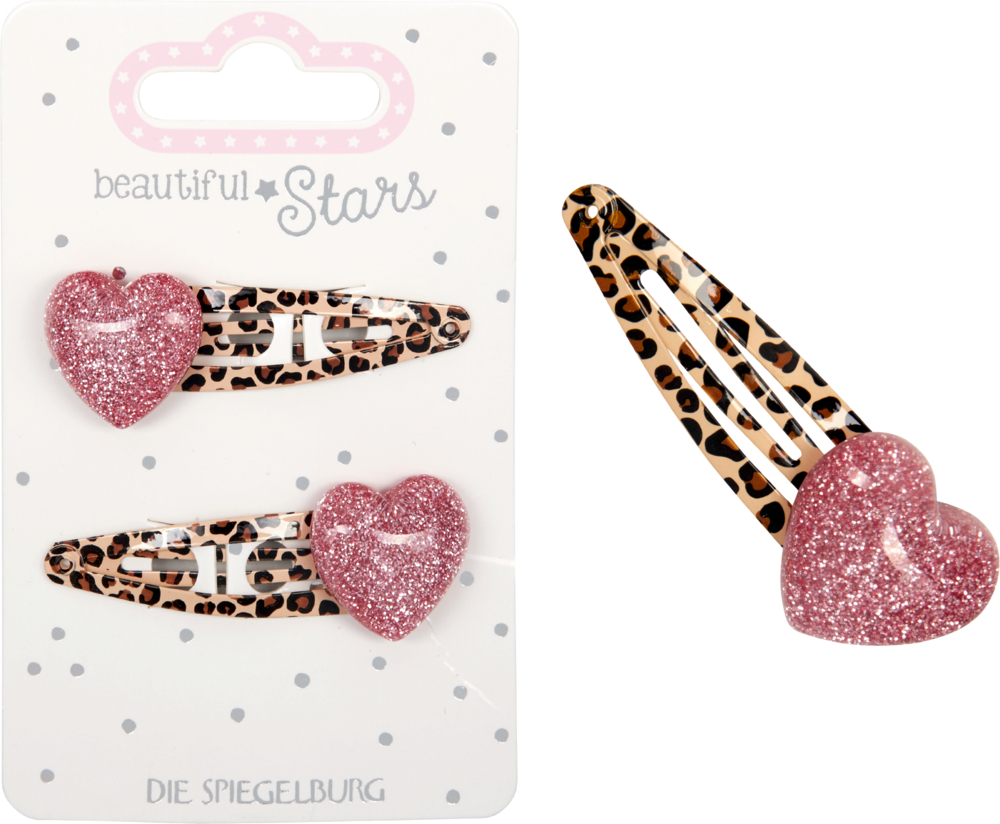 Zwei Haarspangen mit Leopardenmuster und rosa Glitzerherzen, präsentiert auf einer „Beautiful Stars“-Displaykarte.