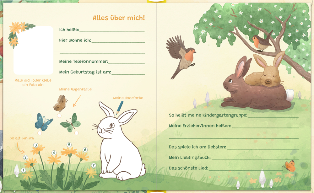 Offenes Freundebuch mit Häschen, Vögeln, Schmetterlingen und persönlichen Lückentextfragen für Kinder.