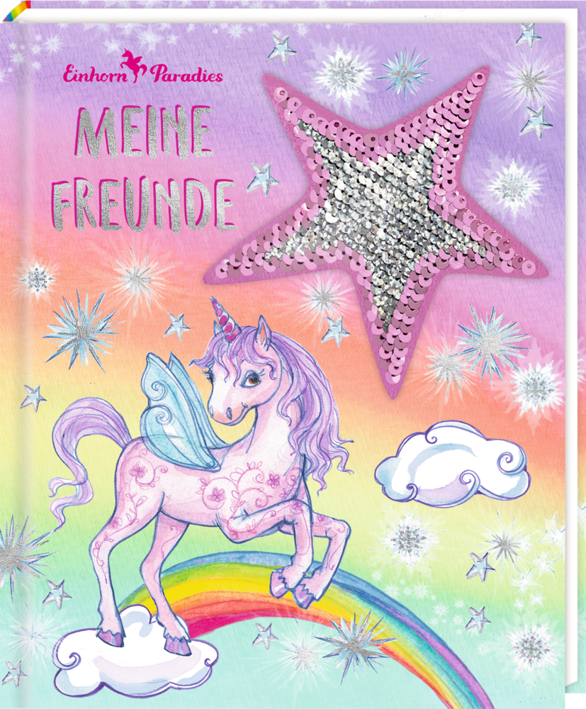Cover eines Freundebuchs: fliegendes Einhorn, Regenbogen, Sterne, Wolken und der Titel „Meine Freunde“ vor buntem Hintergrund.